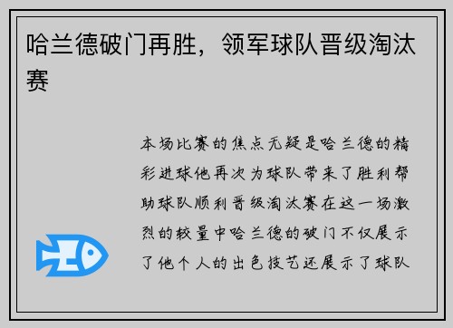 哈兰德破门再胜，领军球队晋级淘汰赛
